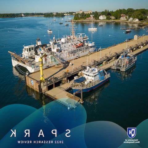 Aerial shot of research vessels at pier with words SPARK 2022 research review